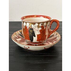 Antique Japanese Kutani Ware Demitasse Teacup & Saucer Set Thousand Faces Motif